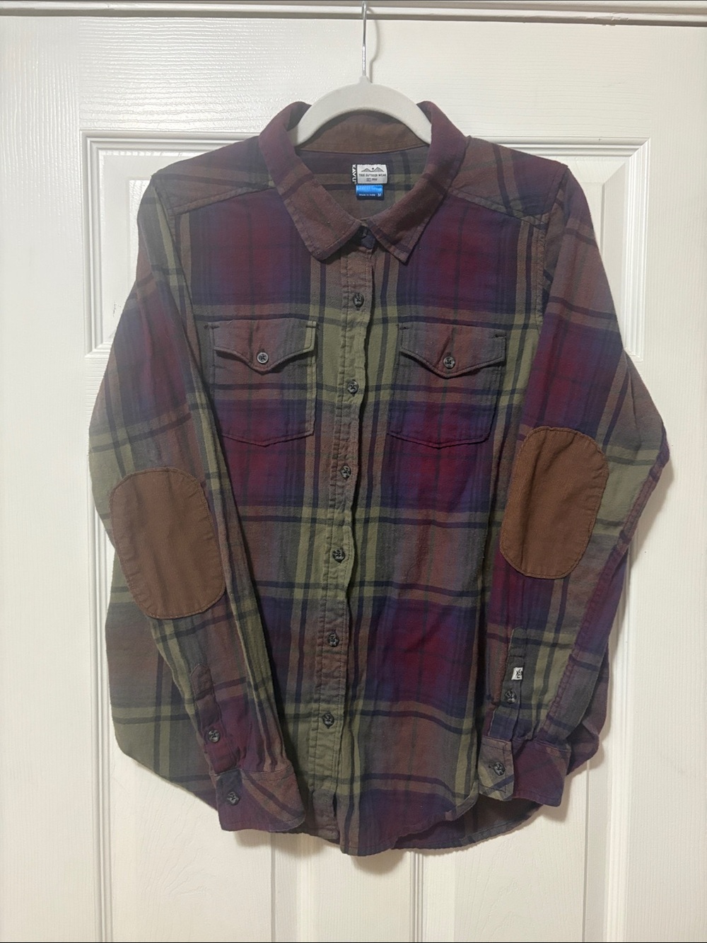 Kavu Olive and Burgundy Plaid Button-Down Shirt with Brown Elbow Patches